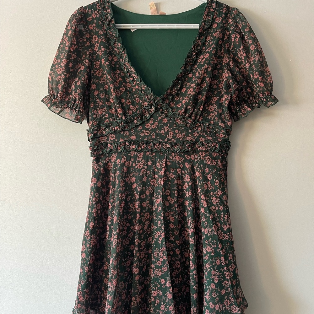 Elegant Floral Mini Dress in Dark Green and Pink